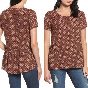 PLEIONE Ruffled Peplum Back Top Brown Ditsy Floral